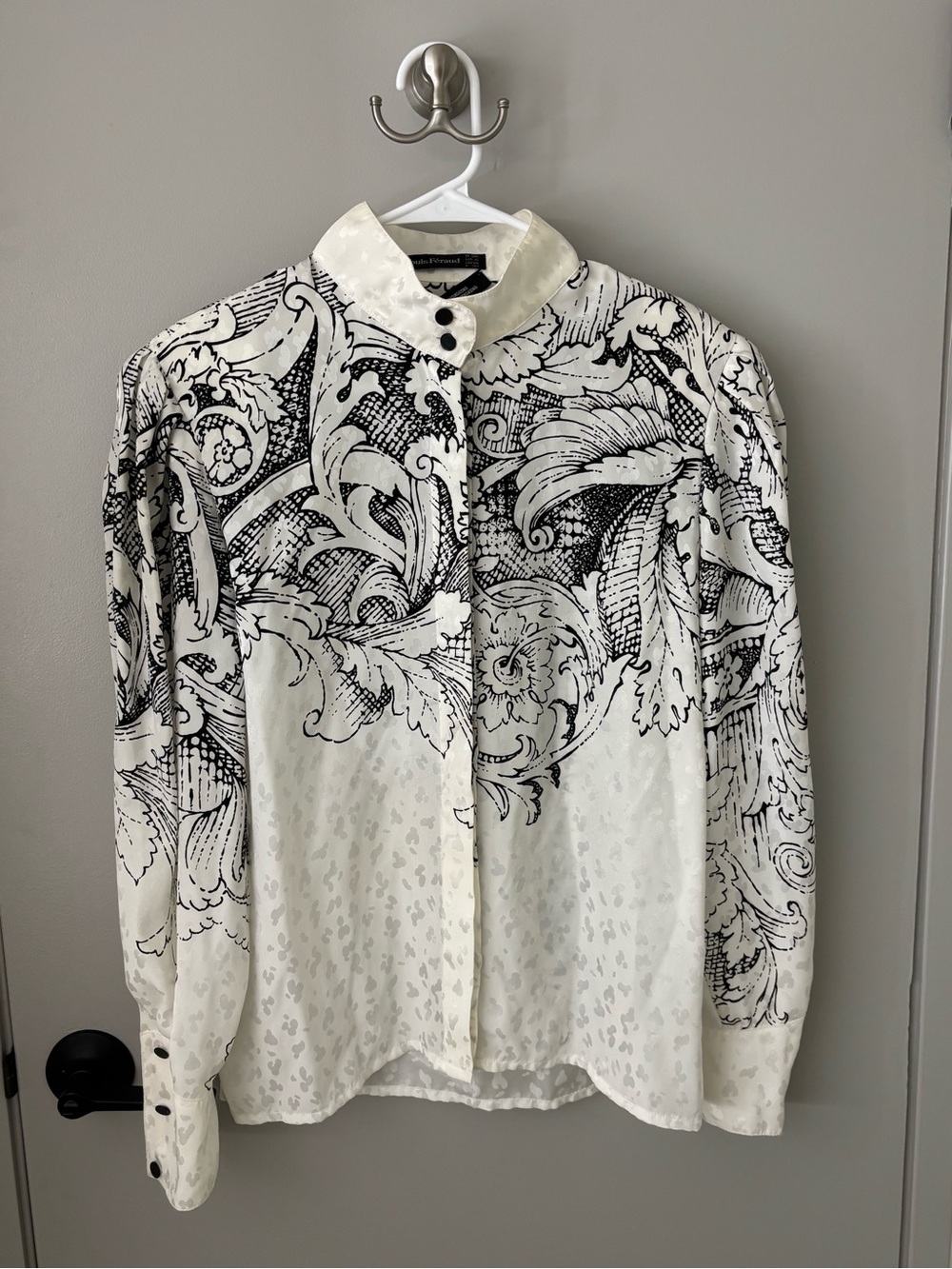 Vintage Louis Féraud Black Ivory Baroque Print Blouse Size US 6